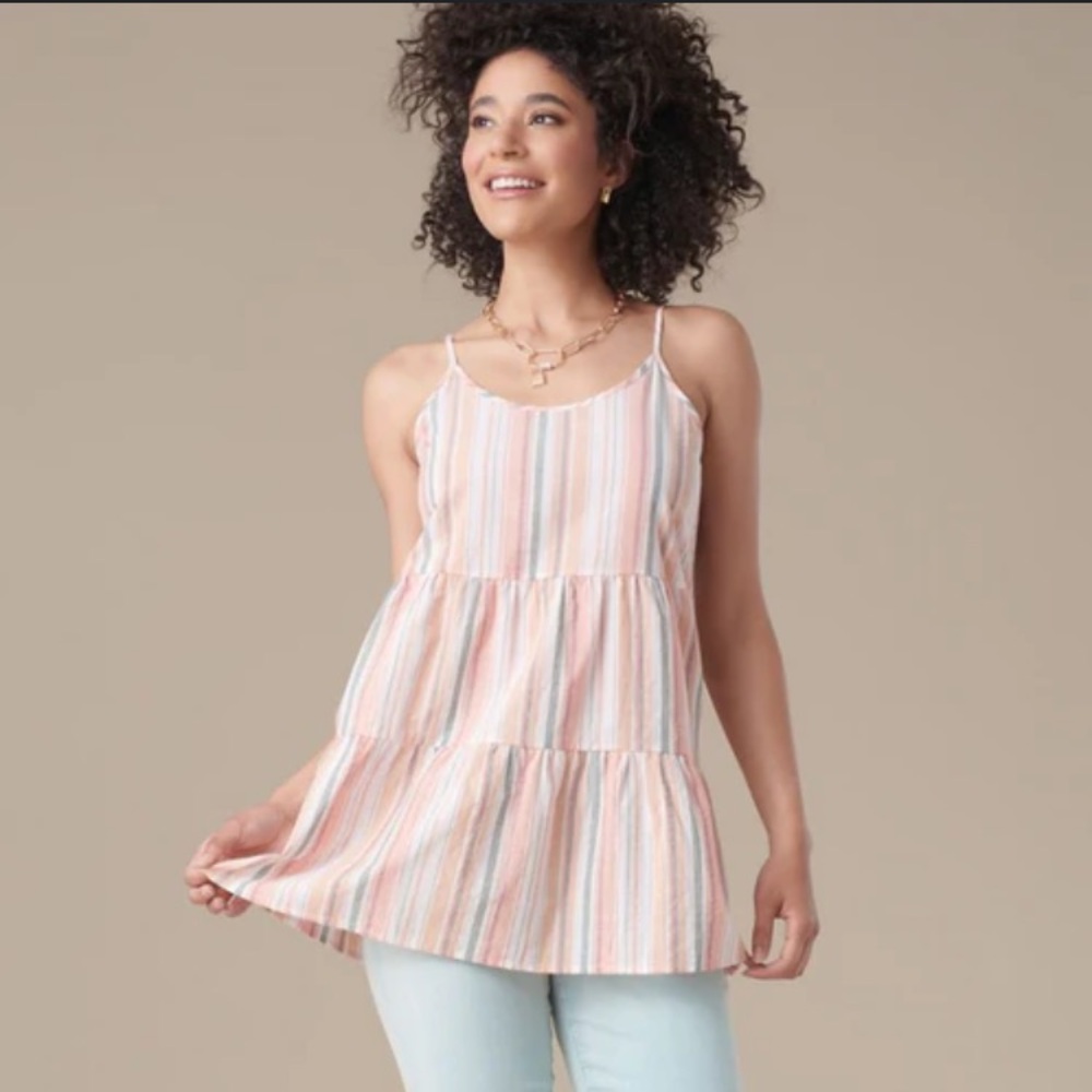 Coco + Carmen Womens Size L/XL Sadie Peach Stripe Ruffle Tank Lightweight Cotton